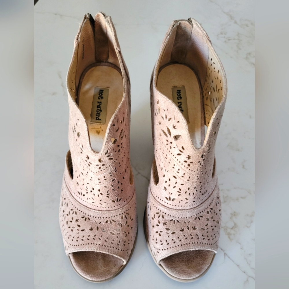 Tan faux suede laser cut sandals